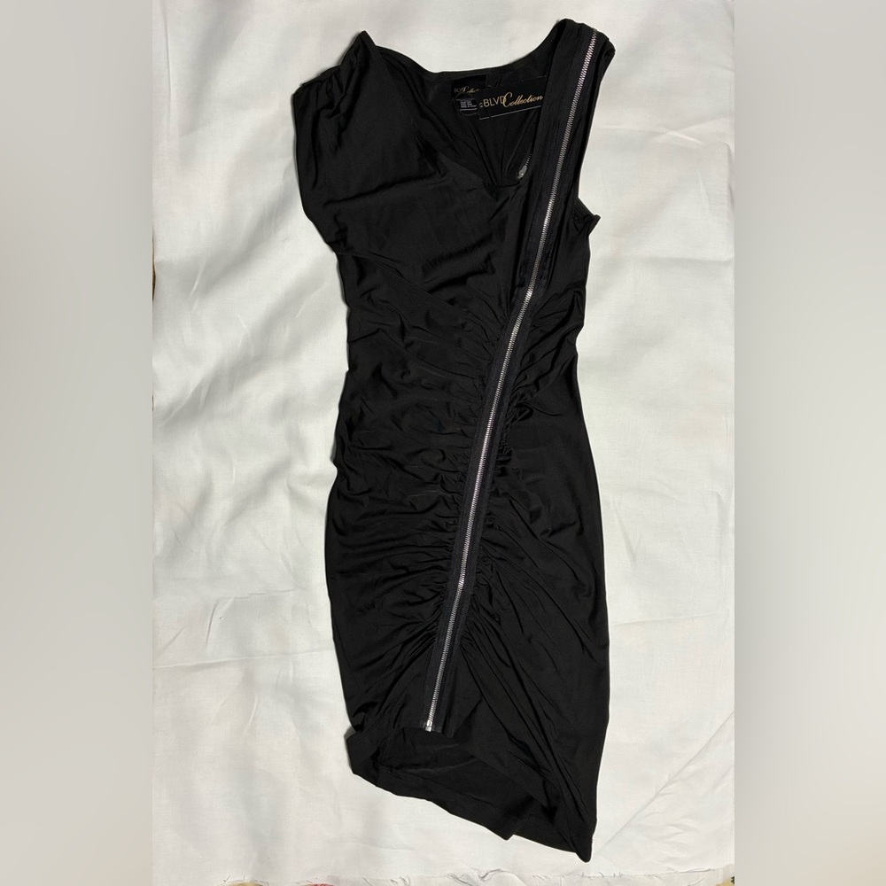 Black Stretchy Ruched Asymmetrical One Shoulder Zippered Dress